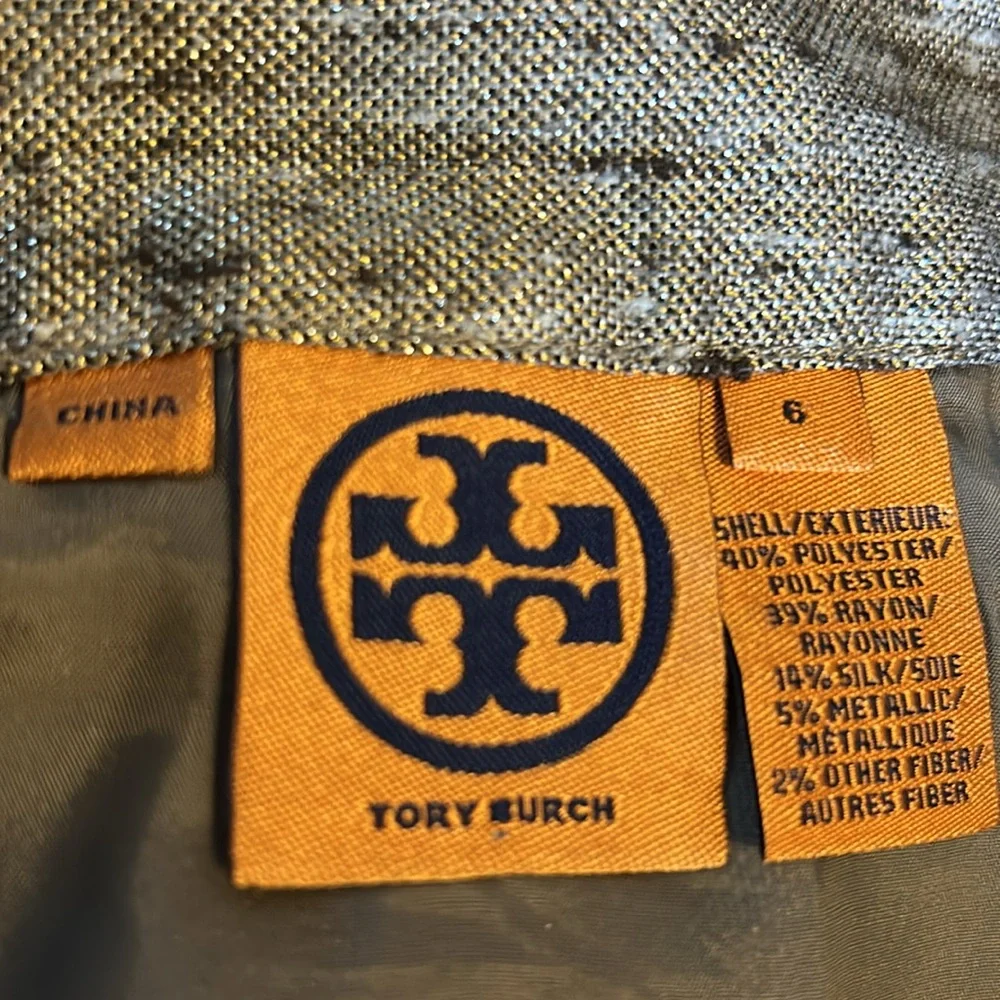 Tory Burch Size 6 silk blend belted skirt. Variegated tan with gold thread. - Picture 8 of 13